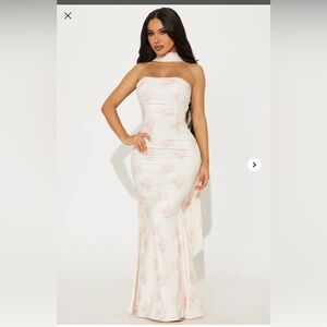 Fashion Nova Strapless Floral Dress - Cream and Pink